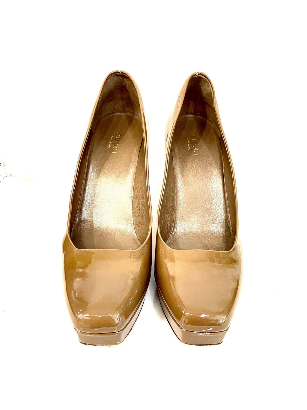 GUCCI PATENT LEATHER TILE SQUARE TOE PLATFORM PUMPS