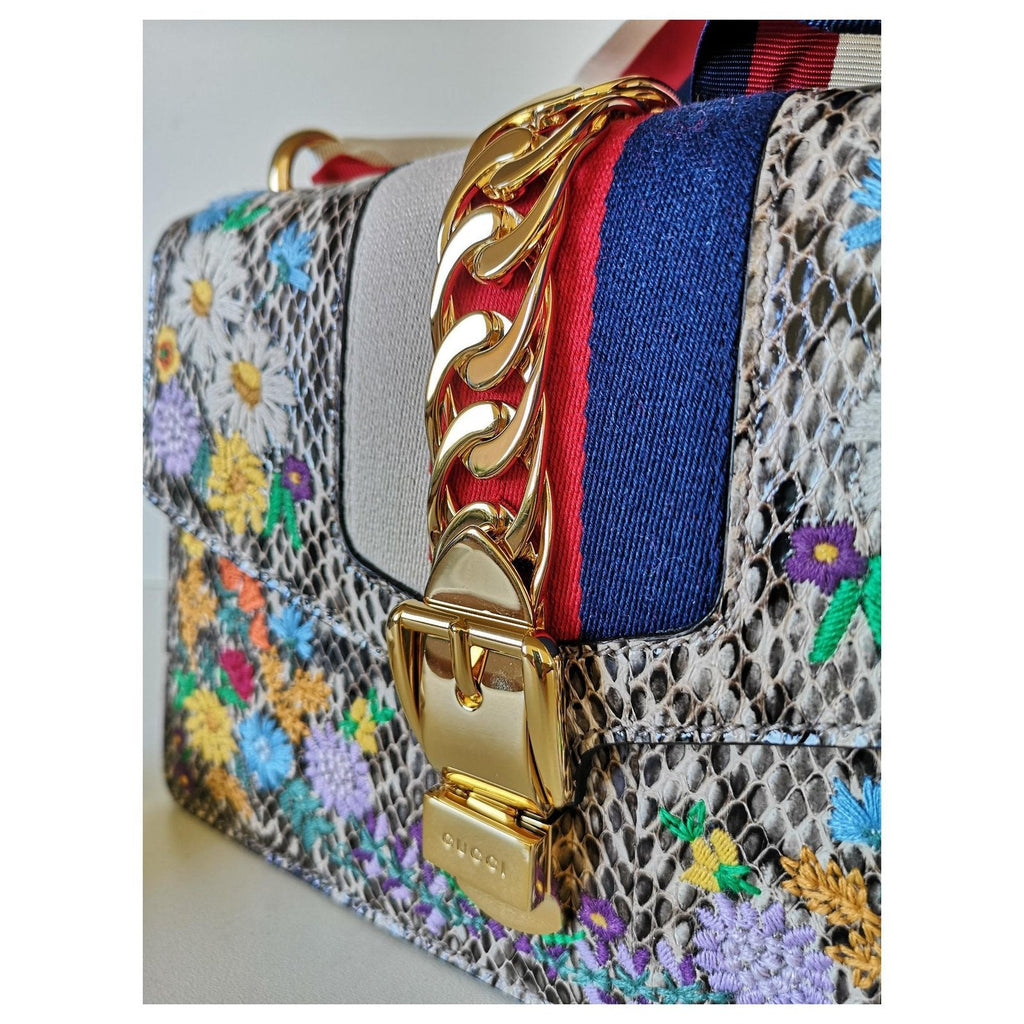 GUCCI SYLVIE FLORAL PYTHON SHOULDER BAG