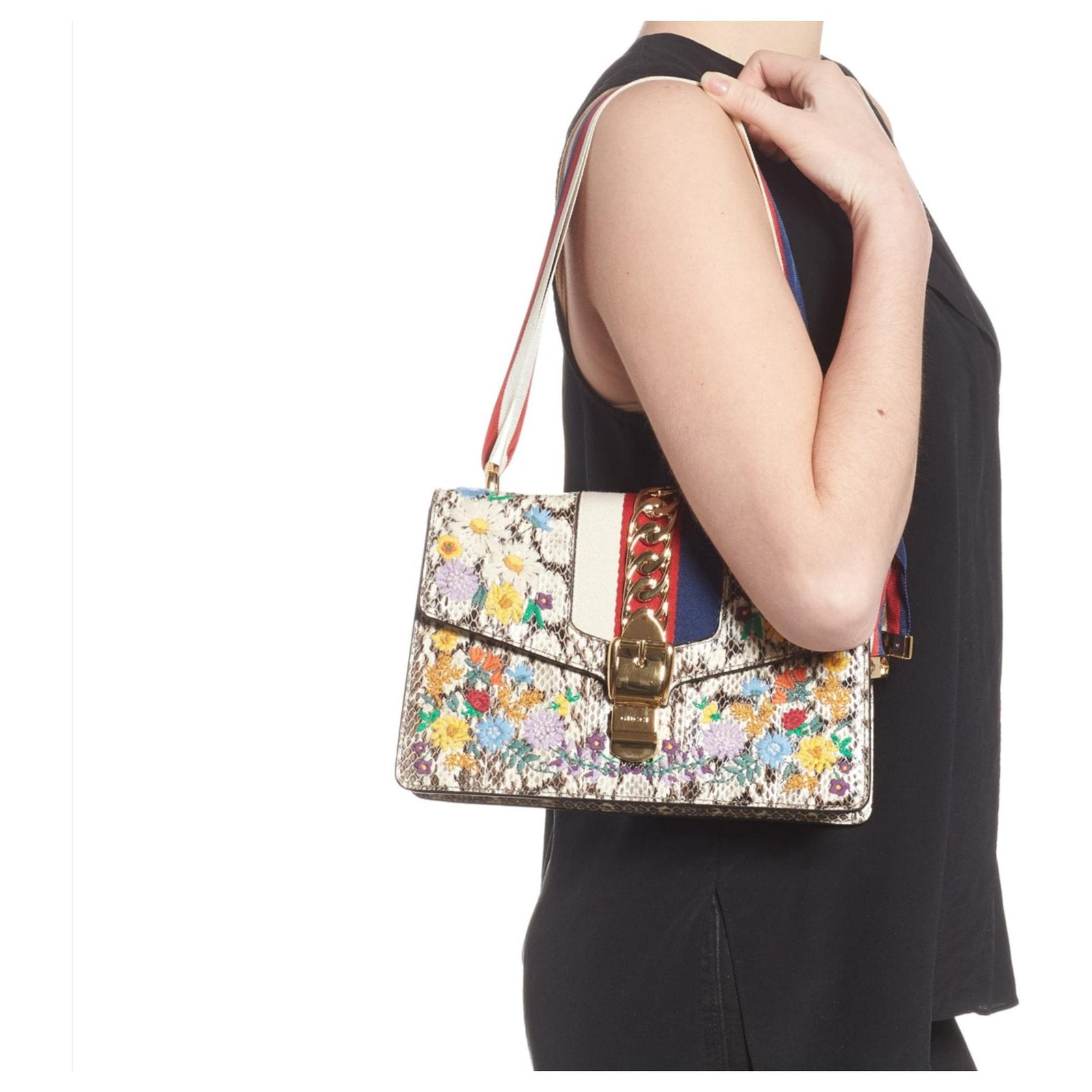 GUCCI SYLVIE FLORAL PYTHON SHOULDER BAG