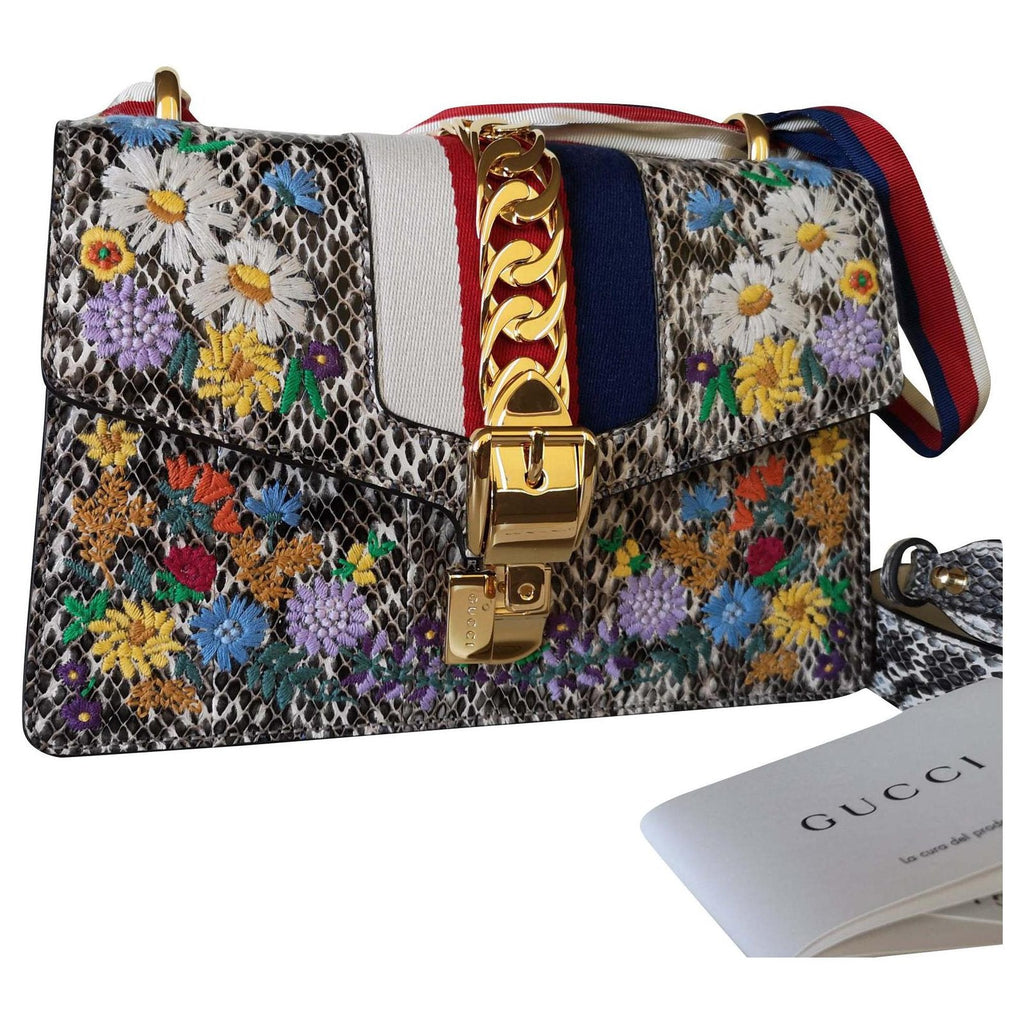 GUCCI SYLVIE FLORAL PYTHON SHOULDER BAG