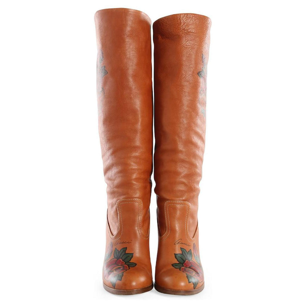 GUCCI TAN LEATHER TATTOO ROSE TALL BOOTS
