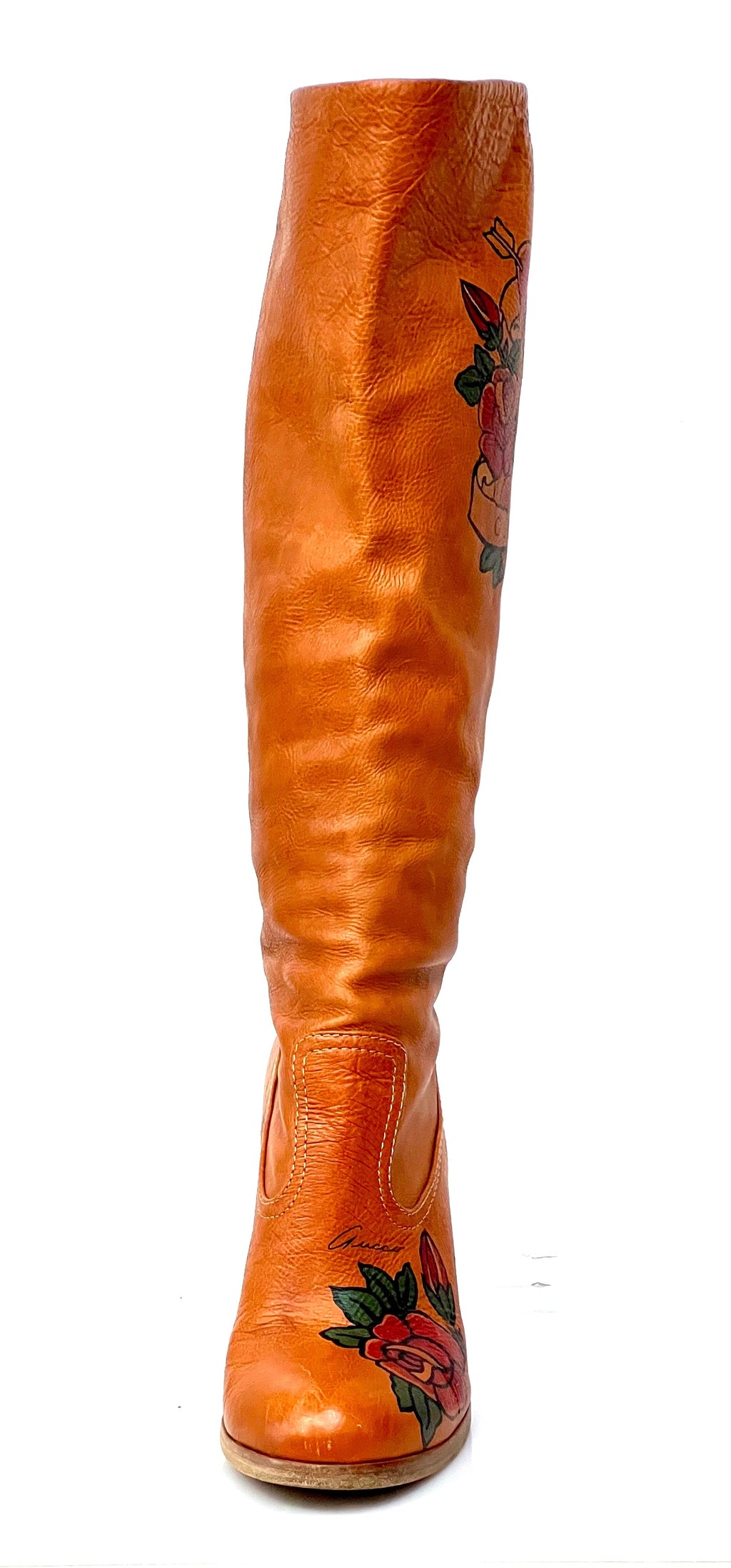 GUCCI TAN LEATHER TATTOO ROSE TALL BOOTS