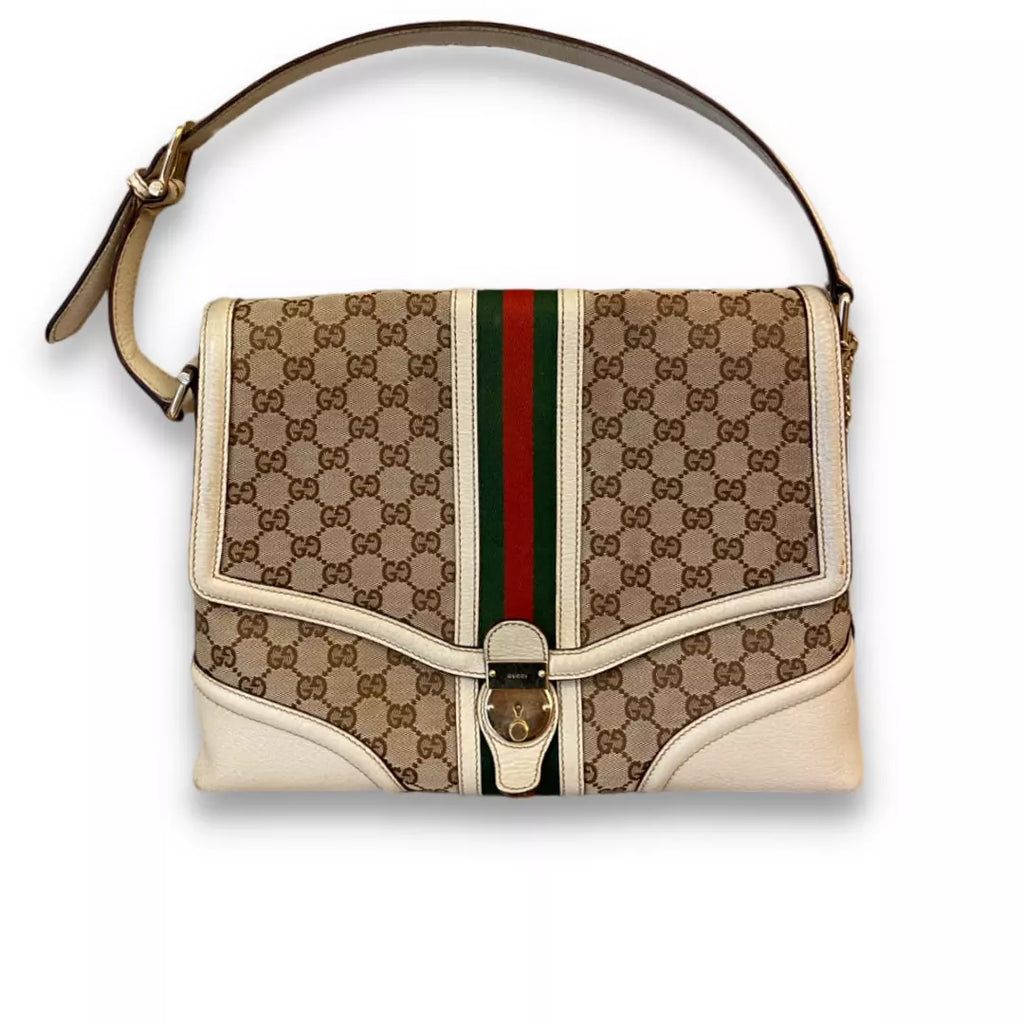 Gucci White Leather & Monogram Canvas Bag