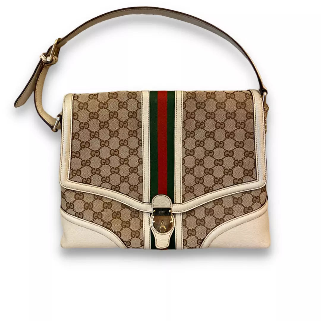 Gucci White Leather & Monogram Canvas Bag