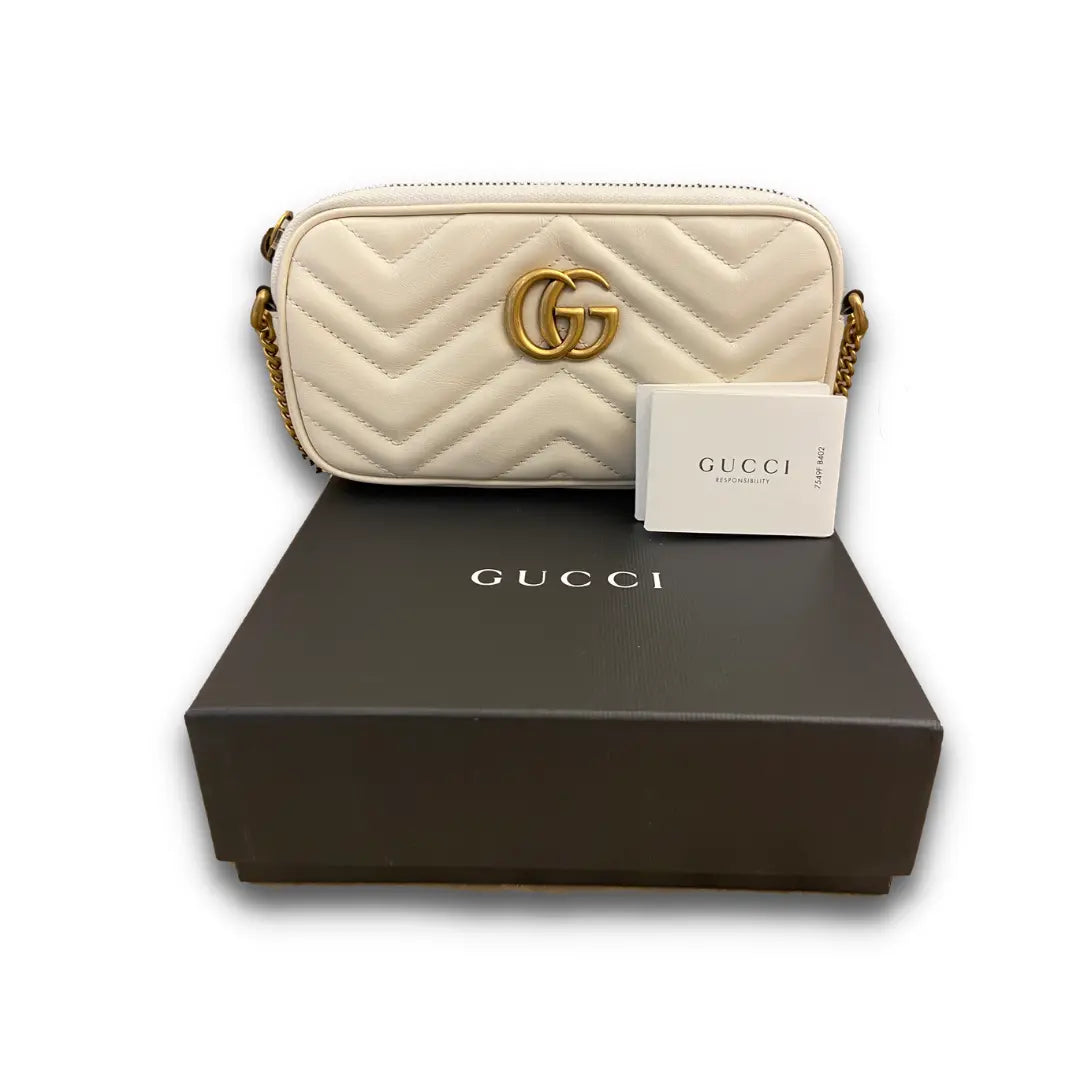 Gucci White Matelassé Leather GG Marmont Mini Bag