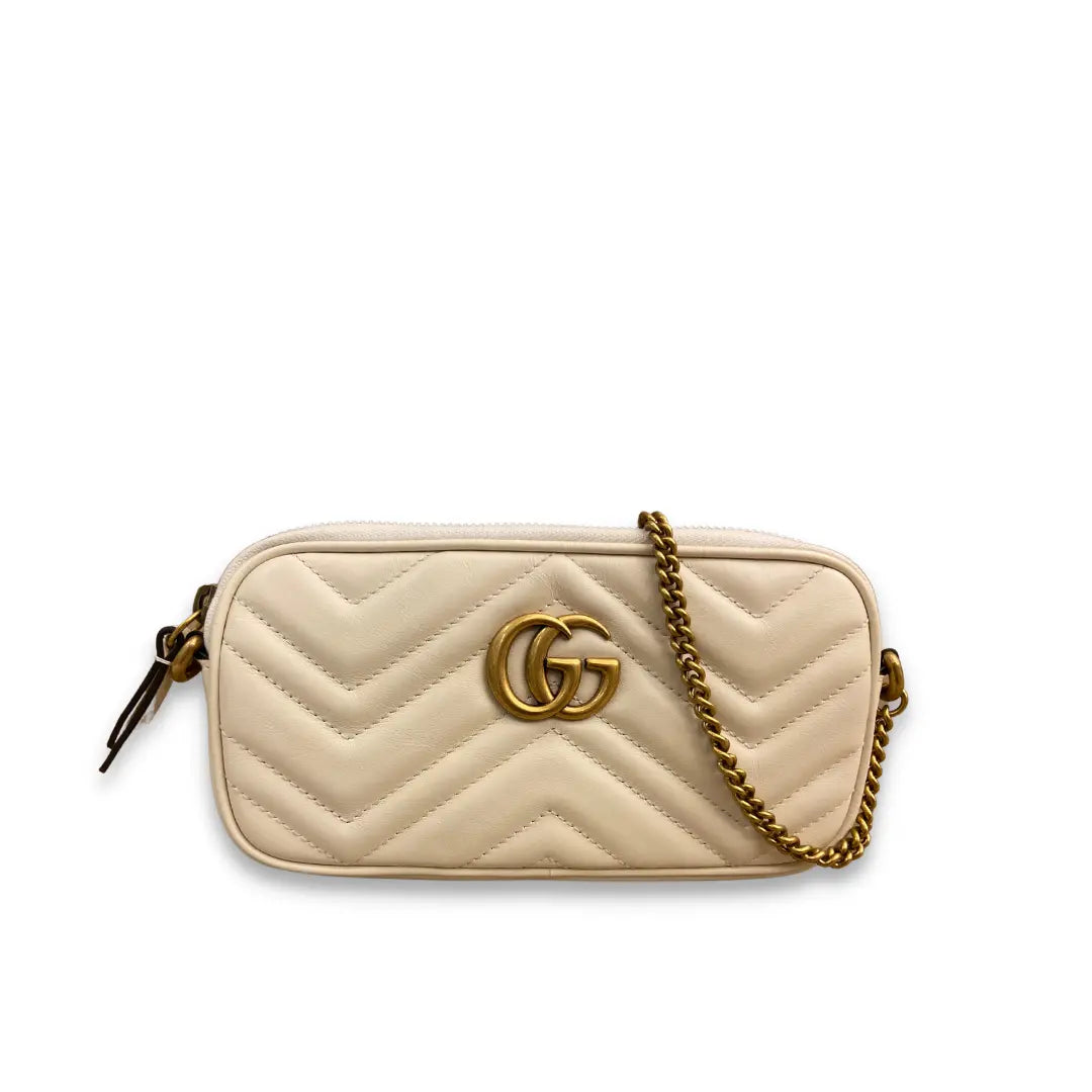 Gucci White Matelassé Leather GG Marmont Mini Bag