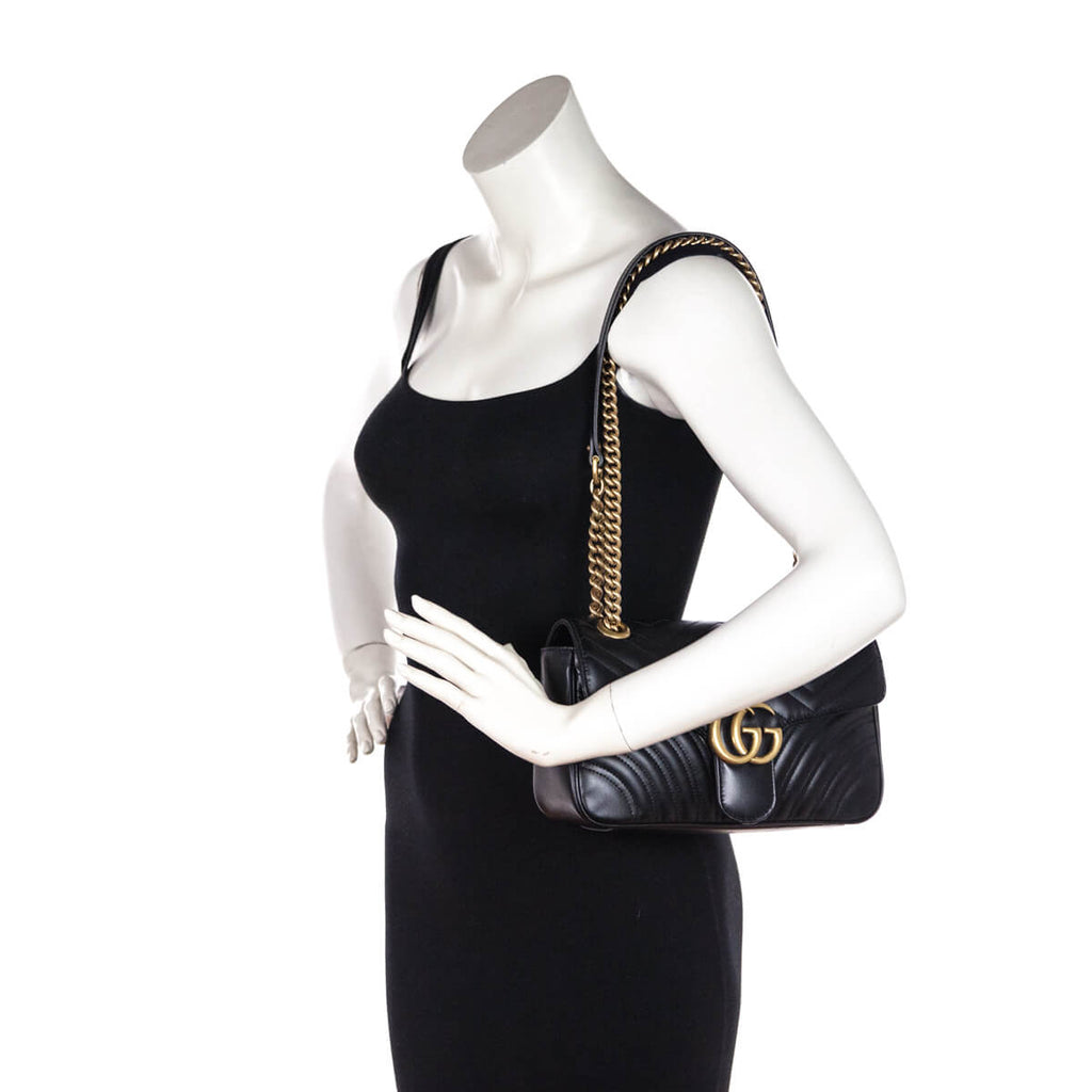 Gucci Black Calfskin Matelasse Small GG Marmont Shoulder Bag