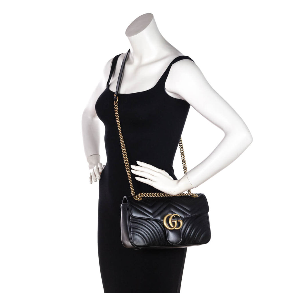Gucci Black Calfskin Matelasse Small GG Marmont Shoulder Bag