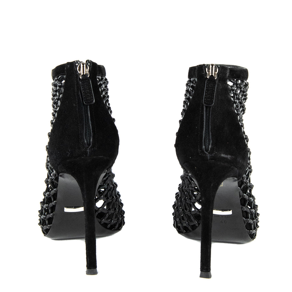 Gucci Black Suede & Leather Caged Peep Toe Booties Size US 10 | EU 40