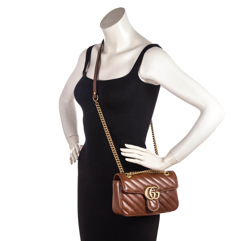 Gucci Brown Diagonal Matelasse Calfskin GG Marmont Mini Shoulder Bag