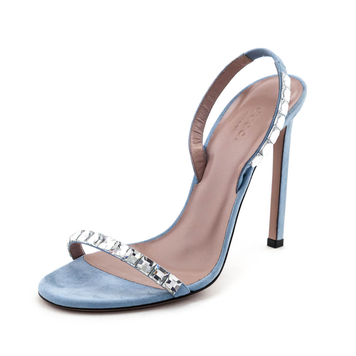 Gucci Light Blue Kid Scamosciato Crystal Ankle Slingback Sandals Size US 9.5 | EU 39.5