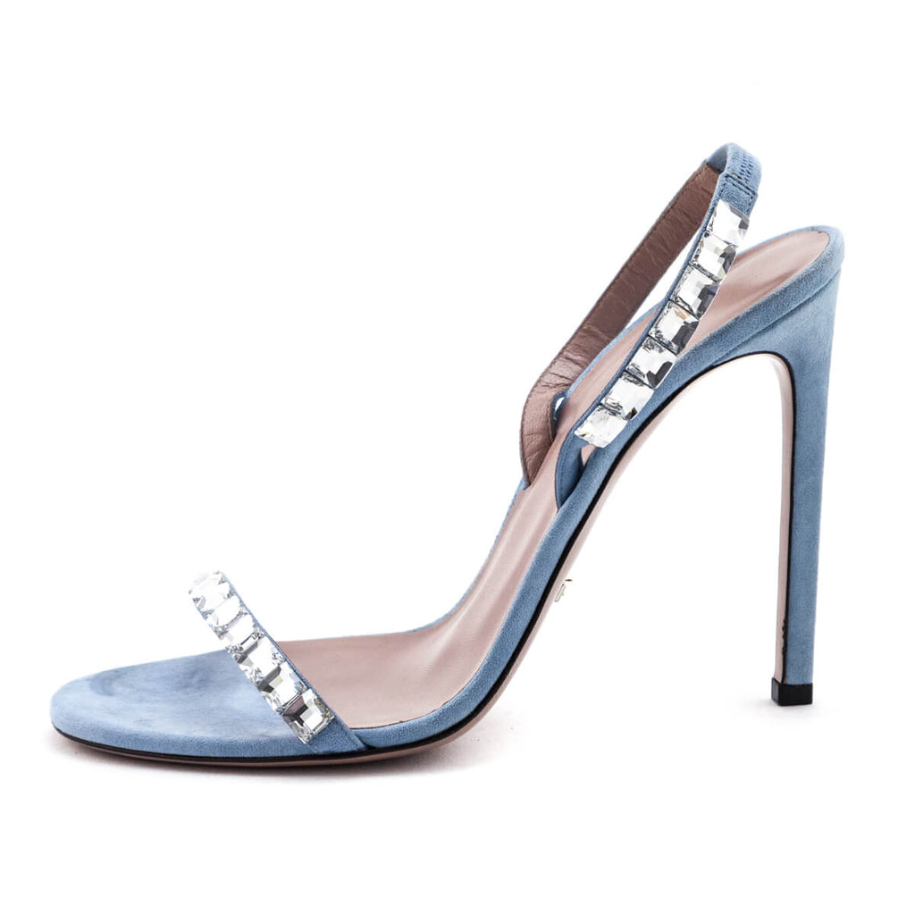 Gucci Light Blue Kid Scamosciato Crystal Ankle Slingback Sandals Size US 9.5 | EU 39.5