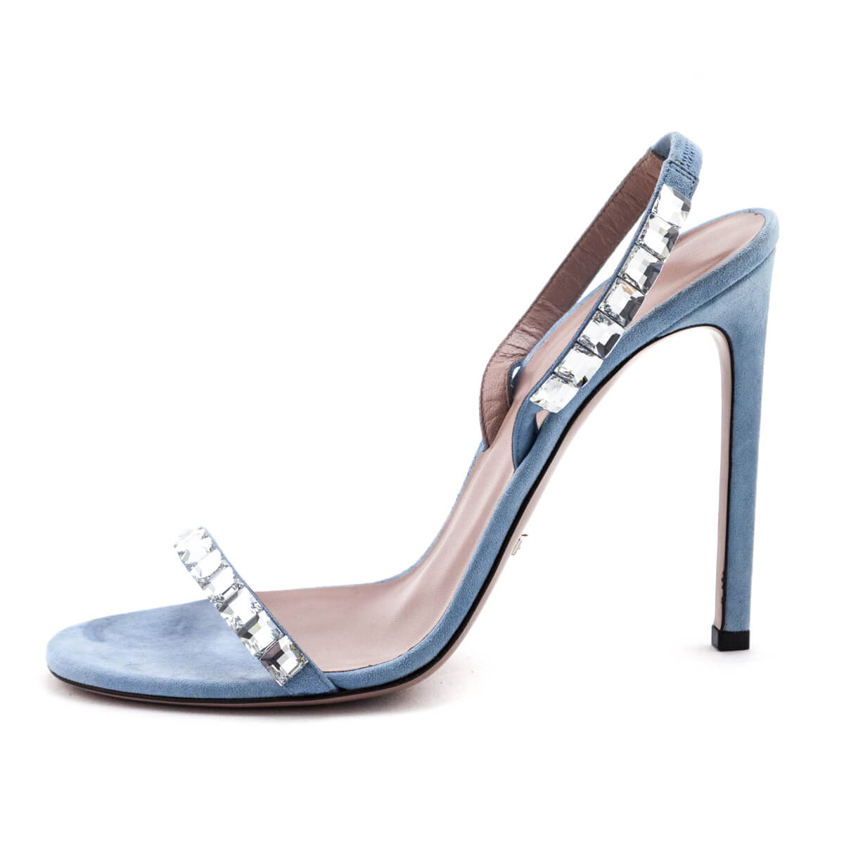 Gucci Light Blue Kid Scamosciato Crystal Ankle Slingback Sandals Size US 9.5 | EU 39.5