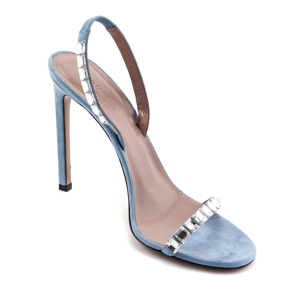 Gucci Light Blue Kid Scamosciato Crystal Ankle Slingback Sandals Size US 9.5 | EU 39.5