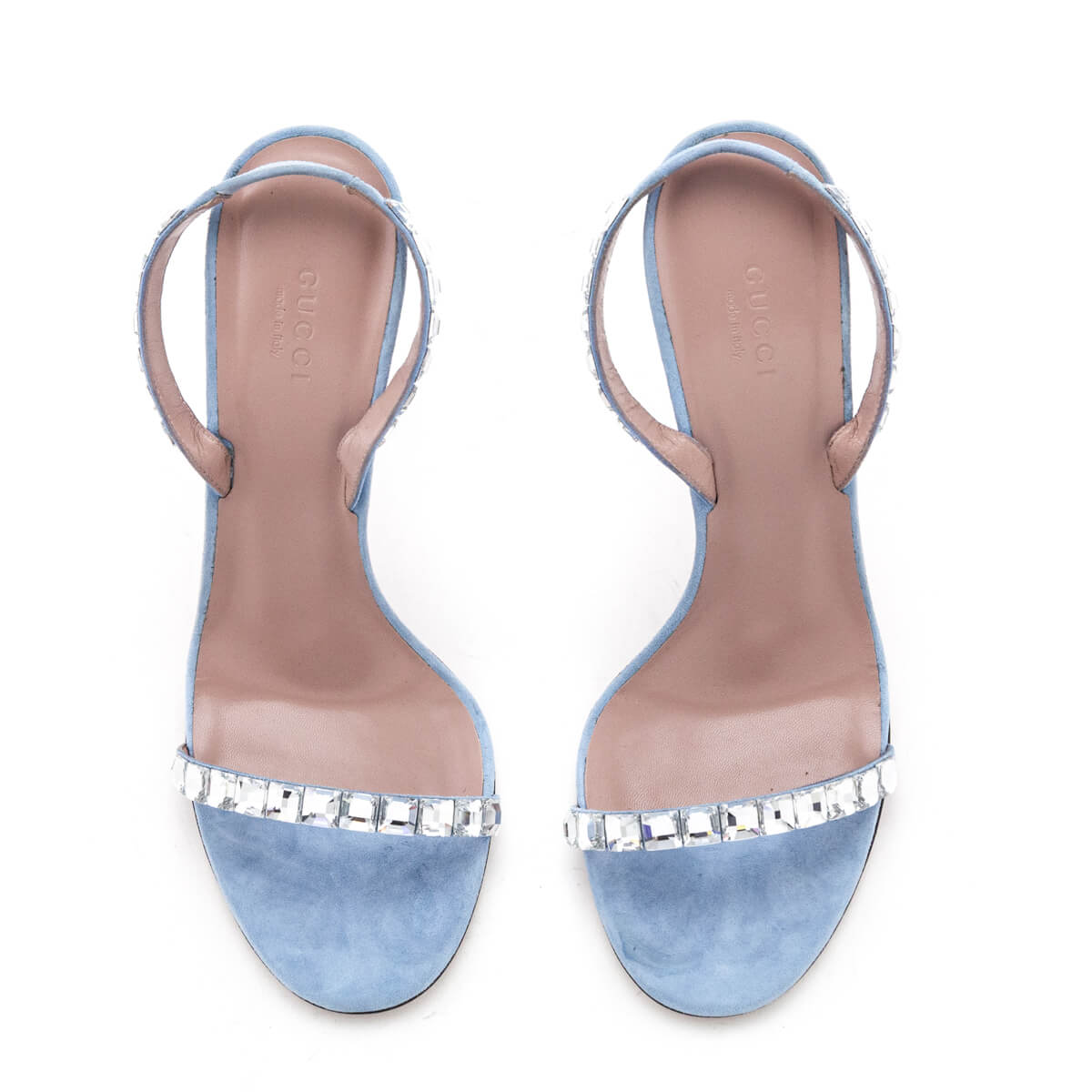 Gucci Light Blue Kid Scamosciato Crystal Ankle Slingback Sandals Size US 9.5 | EU 39.5