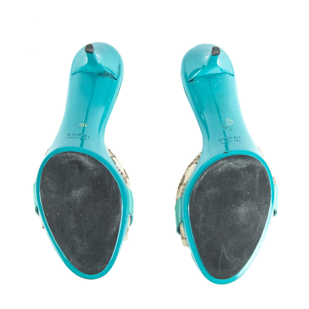 Gucci Turquoise & GG Canvas Slide Sandals Size US 7.5 | EU 37.5