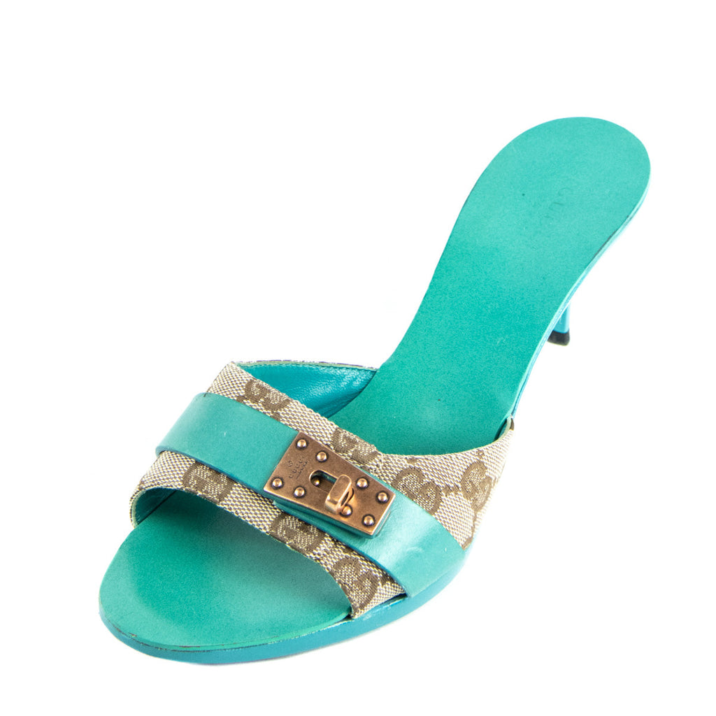 Gucci Turquoise & GG Canvas Slide Sandals Size US 7.5 | EU 37.5