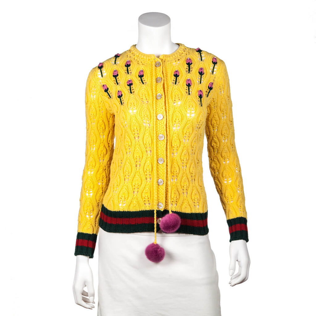 Gucci Yellow Wool Rose Embroidered Mink Pom Pom Crochet Cardigan Size XS