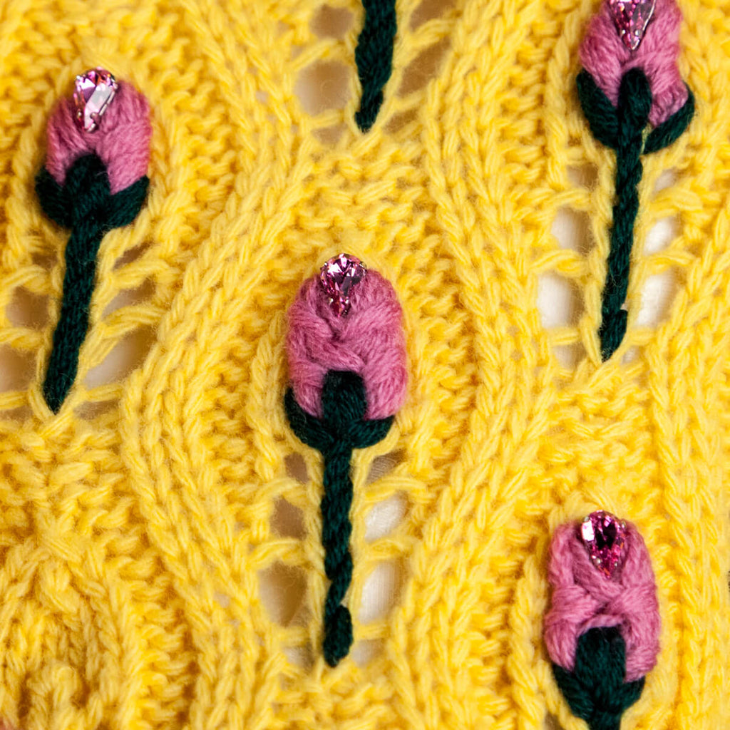 Gucci Yellow Wool Rose Embroidered Mink Pom Pom Crochet Cardigan Size XS