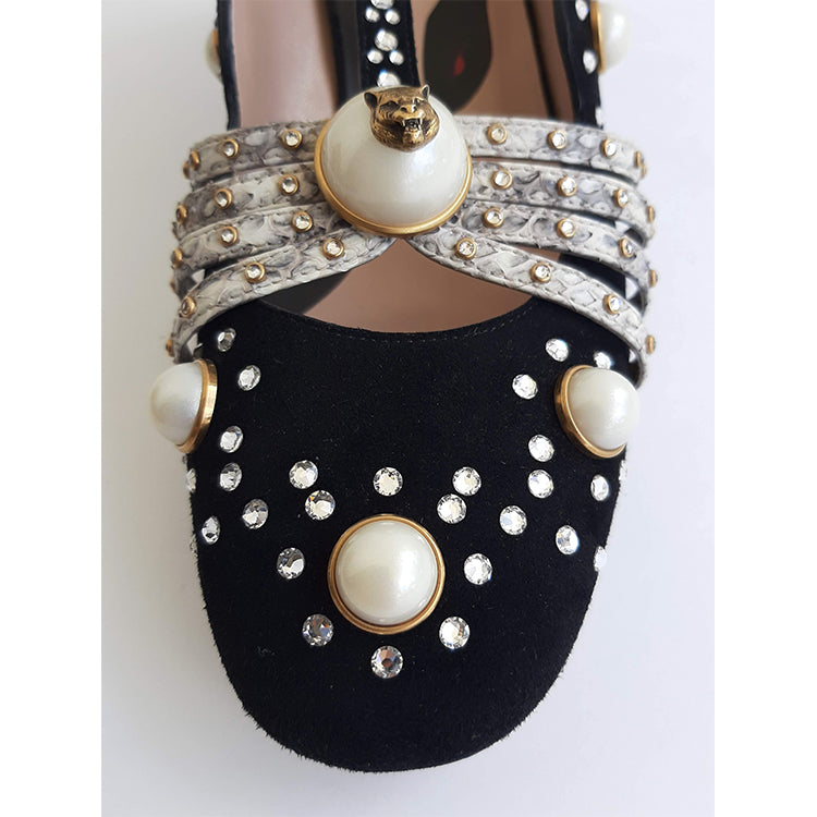 Gucci Ofelia Black Pearly Studded Mid-Pumps Sz 37 (7)