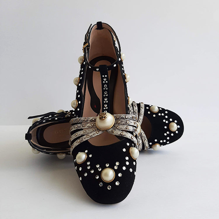 Gucci Ofelia Black Pearly Studded Mid-Pumps Sz 37 (7)
