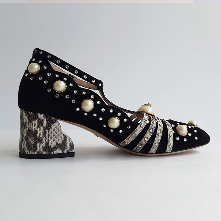Gucci Ofelia Black Pearly Studded Mid-Pumps Sz 37 (7)