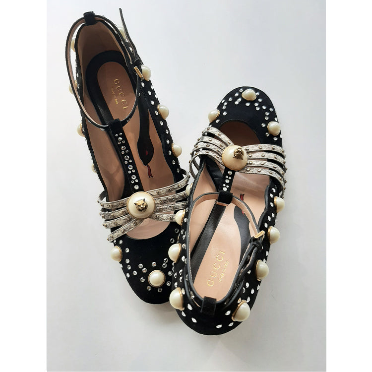 Gucci Ofelia Black Pearly Studded Mid-Pumps Sz 37 (7)