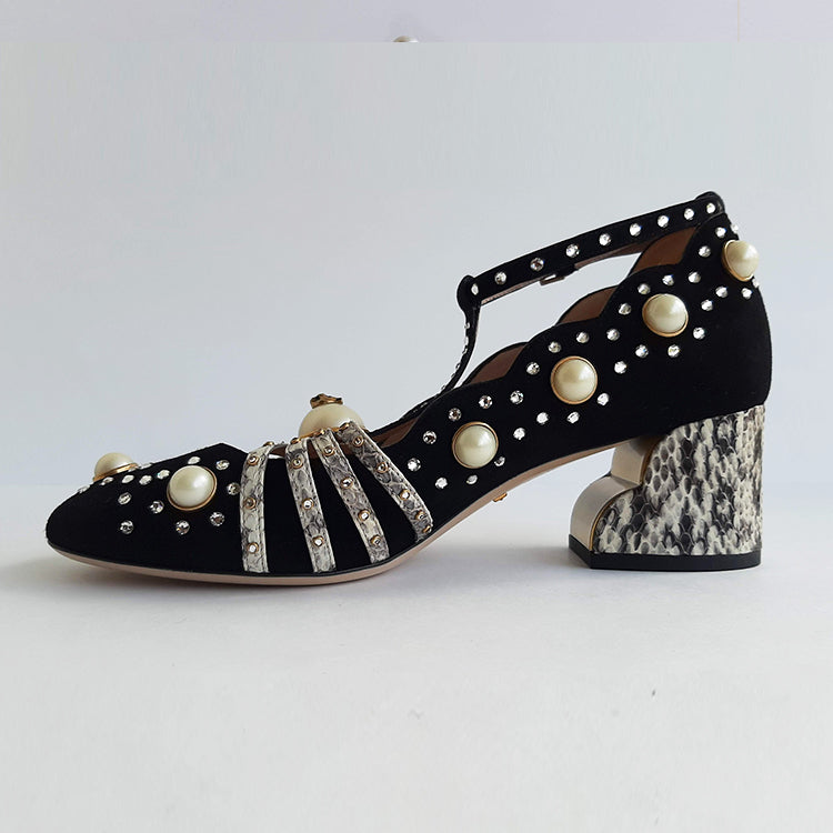 Gucci Ofelia Black Pearly Studded Mid-Pumps Sz 37 (7)