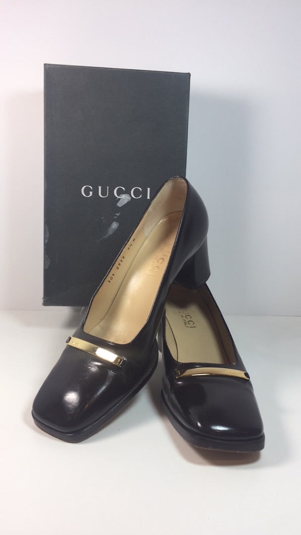 GUCCI Brown Patent Leather Gold Logo Block Heel With Box Size 7 1/2