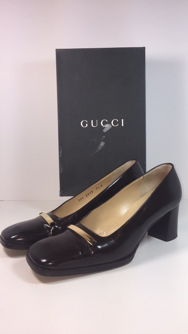 GUCCI Brown Patent Leather Gold Logo Block Heel With Box Size 7 1/2