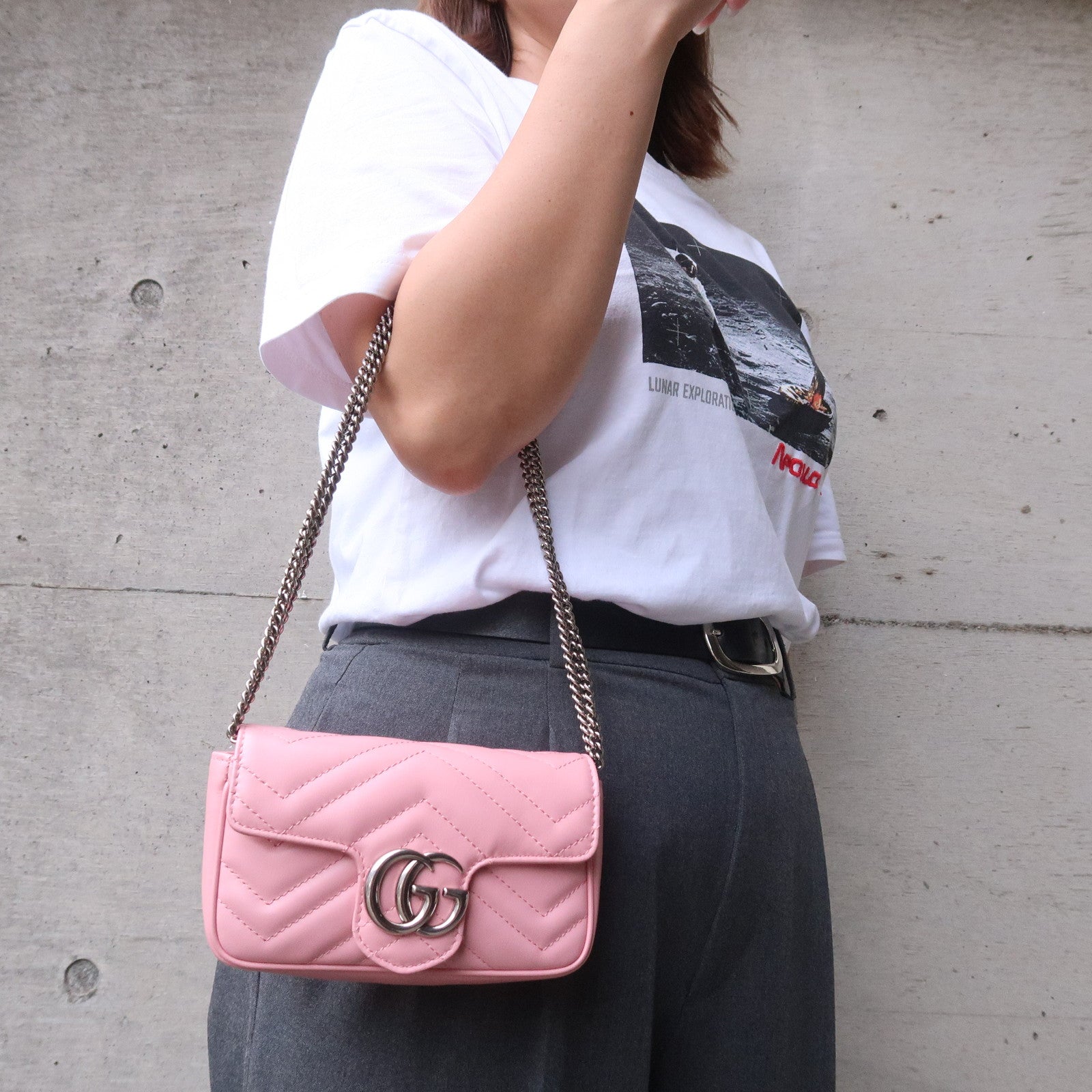 GUCCI GG Marmont Leather Super Mini Shoulder Bag Pink 476433