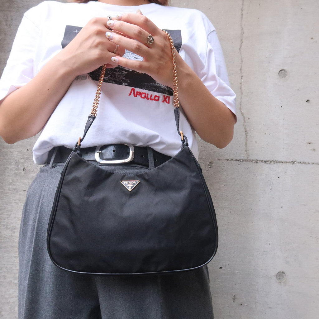 Prada Logo Nylon Leather Chain Shoulder Bag Purse Black BR0104