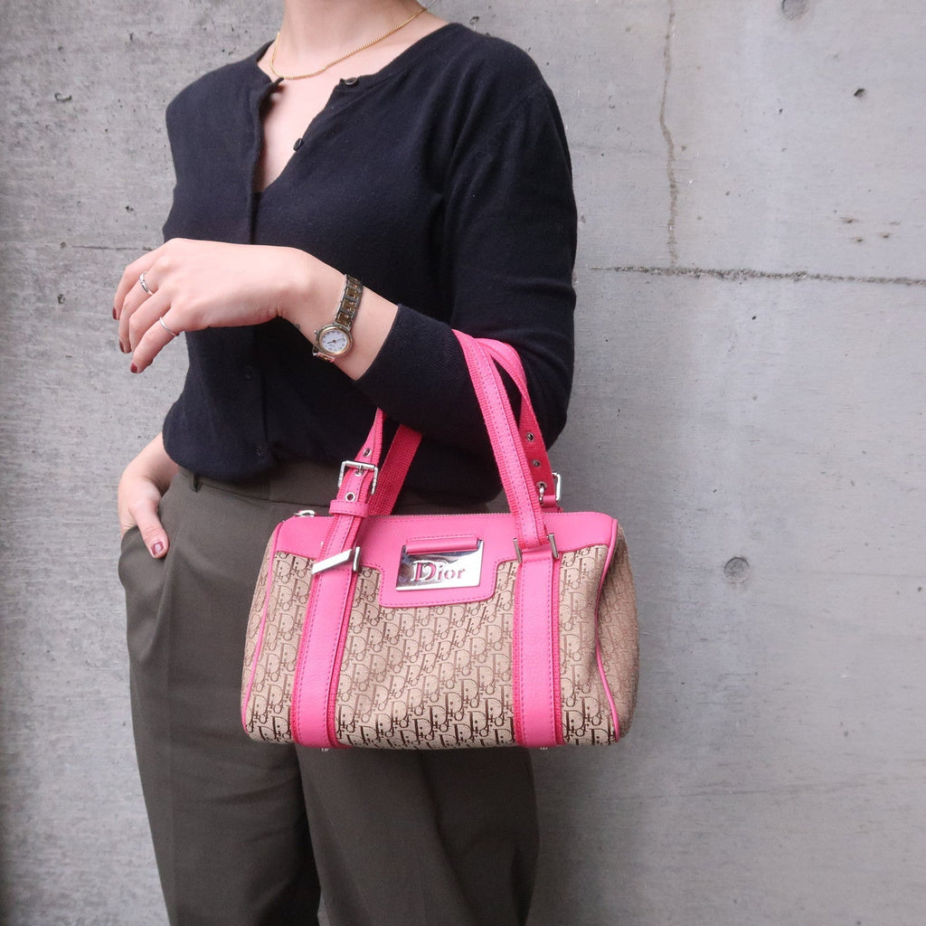 Christian Dior Trotter Canvas Leather Boston Bag Beige Pink