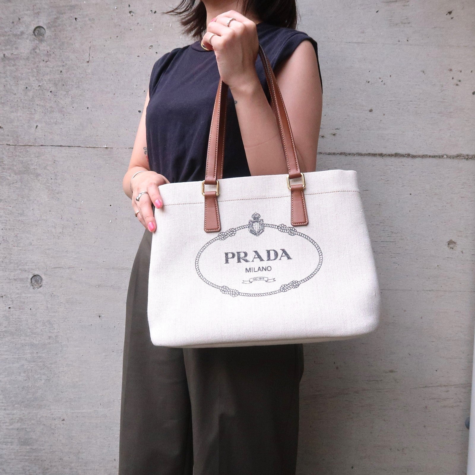 Prada Logo Canvas Linen Leather Tote Bag Ivory Brown IBG356