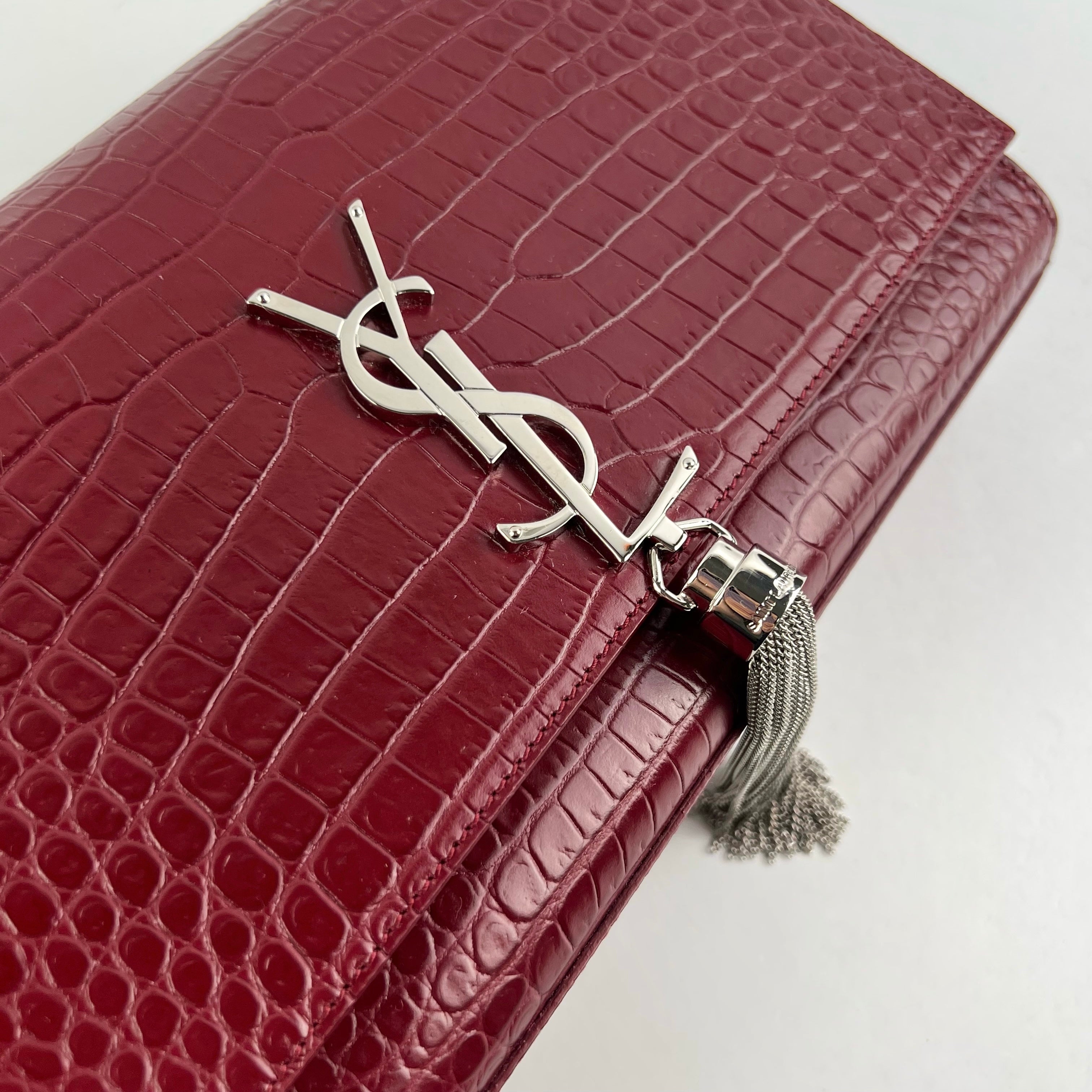 Saint Laurent Medium Kate Crocodile Embossed Burgundy