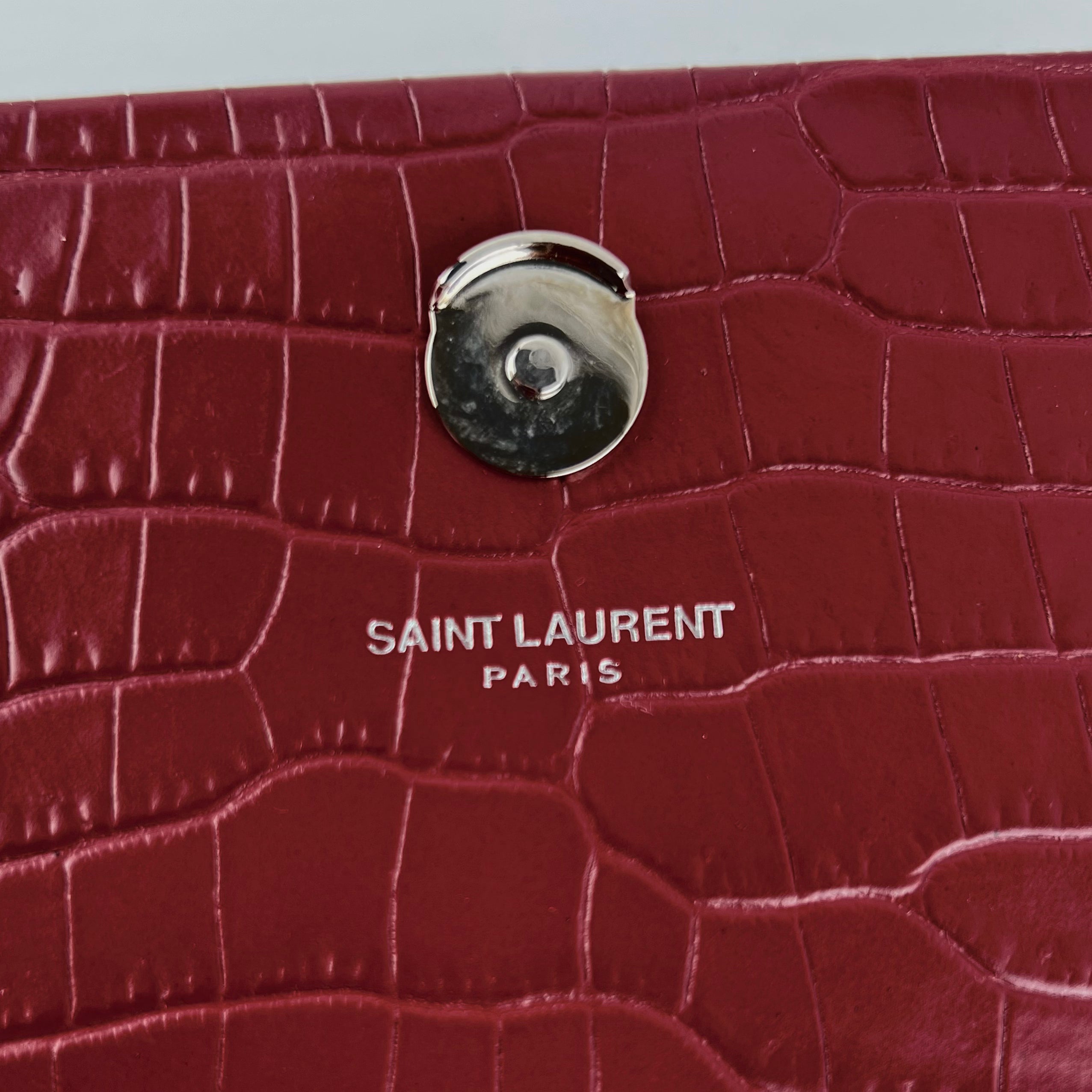 Saint Laurent Medium Kate Crocodile Embossed Burgundy
