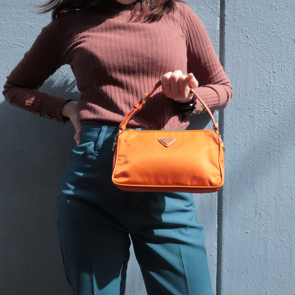 Prada Logo Nylon Leather Shoulder Bag Pouch Orange BN1833