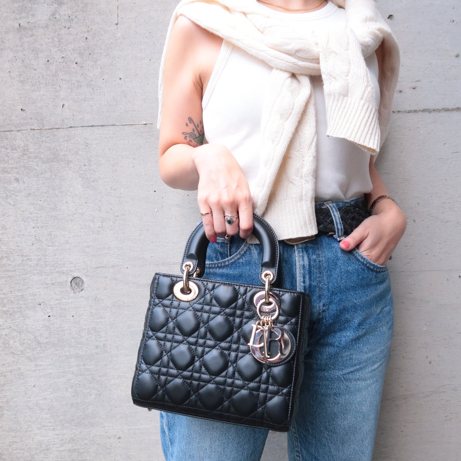 Christian Dior Cannage Lady Dior Leather 2way Hand Bag Black