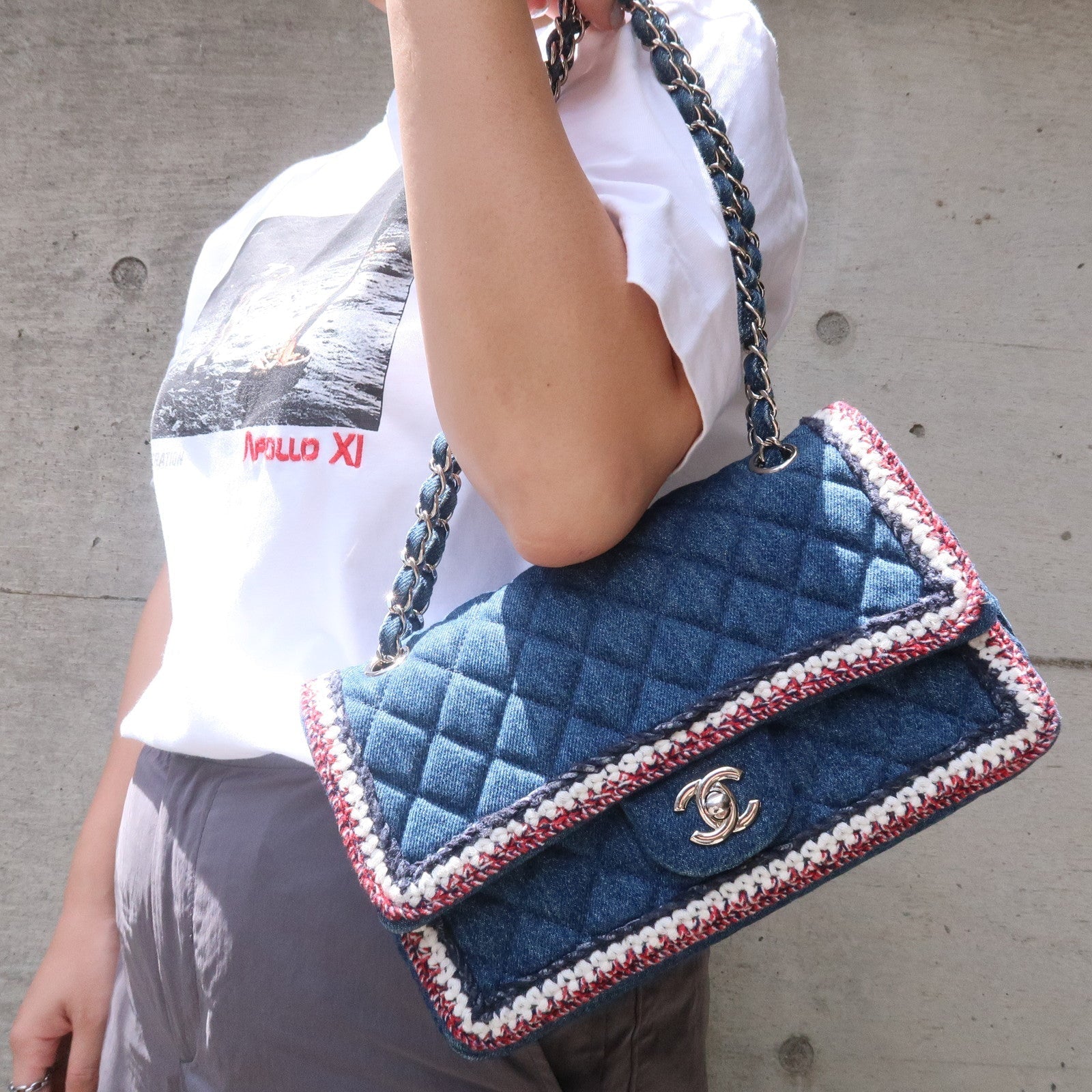 CHANEL Matelasse Denim Leather Chain Shoulder Bag Blue A57698