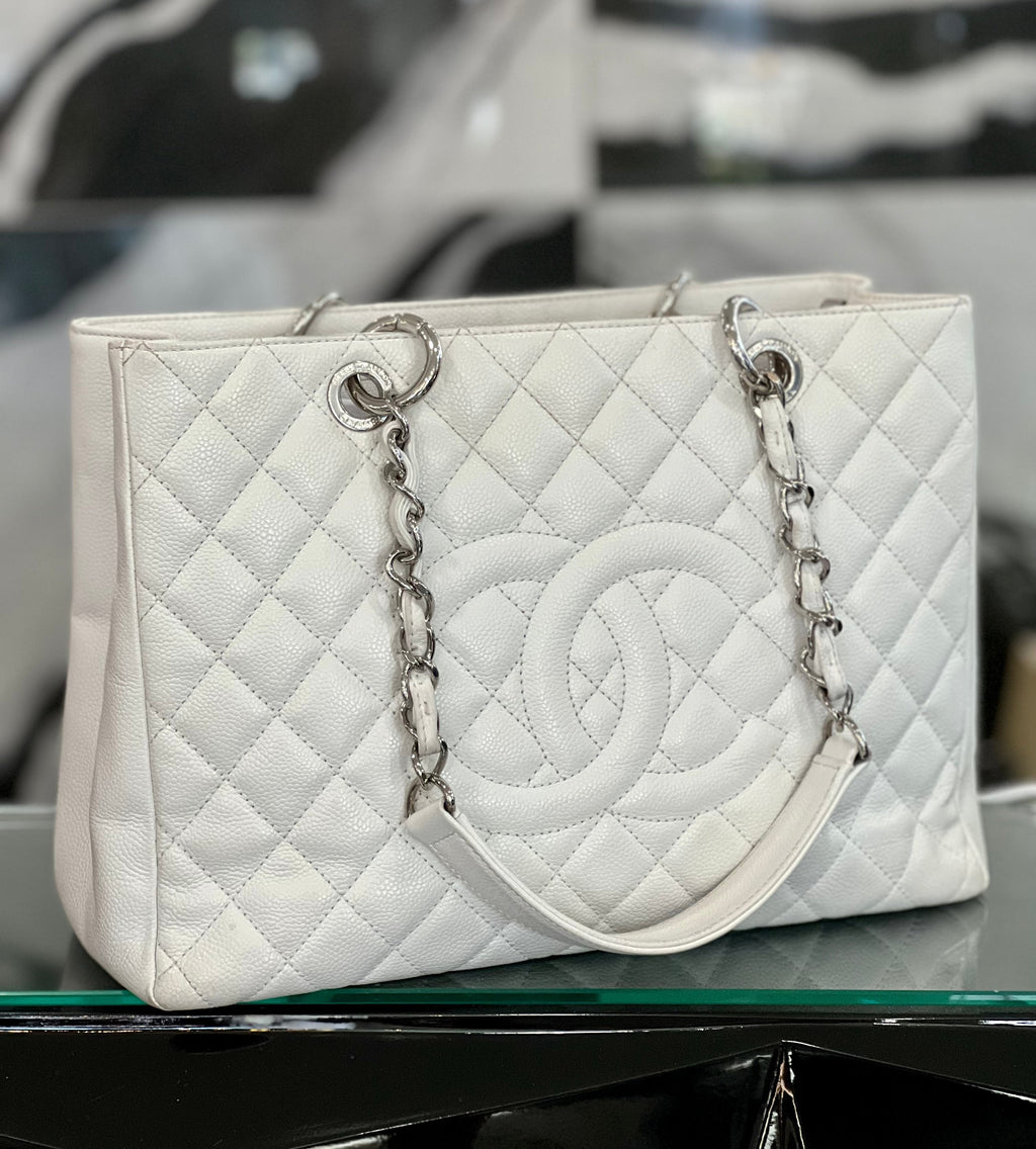 Chanel White Quilted Caviar Grand Shopper Tote GST