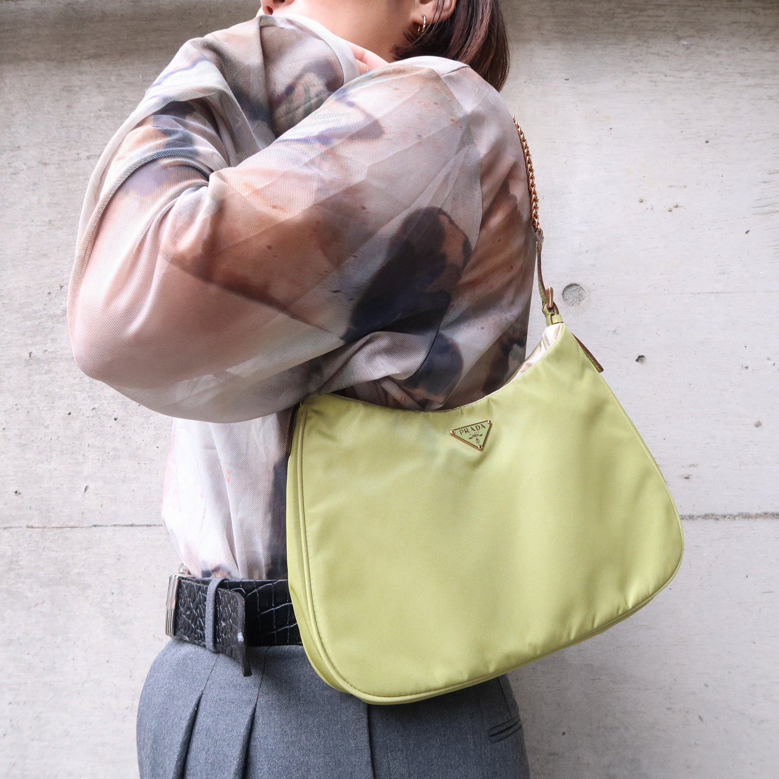 Prada Logo Nylon Leather Chain Shoulder Bag Light Green BR0104