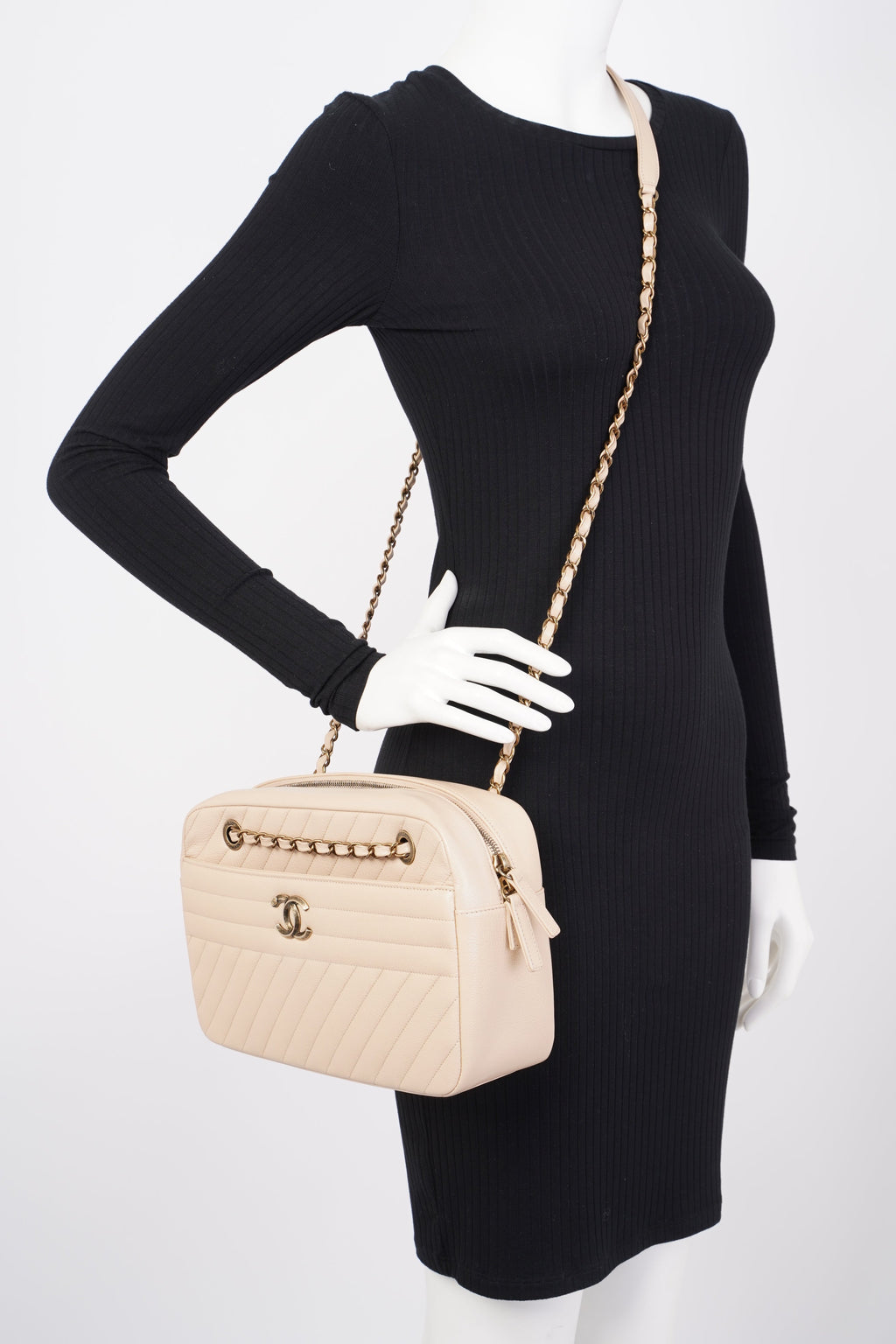 Chanel Quilted Camera Beige Goatskin Leather