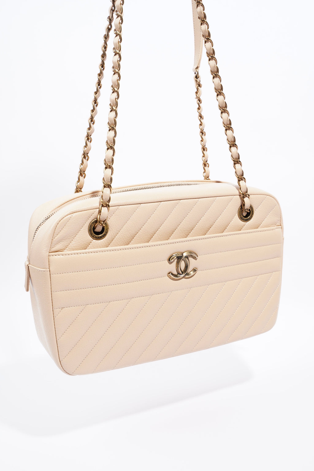 Chanel Quilted Camera Beige Goatskin Leather