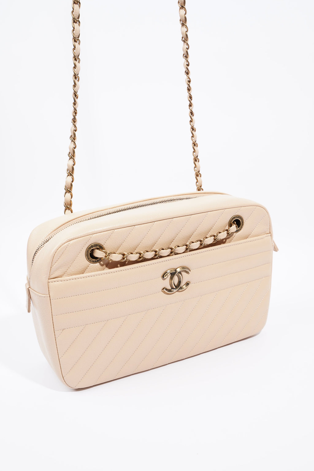 Chanel Quilted Camera Beige Goatskin Leather