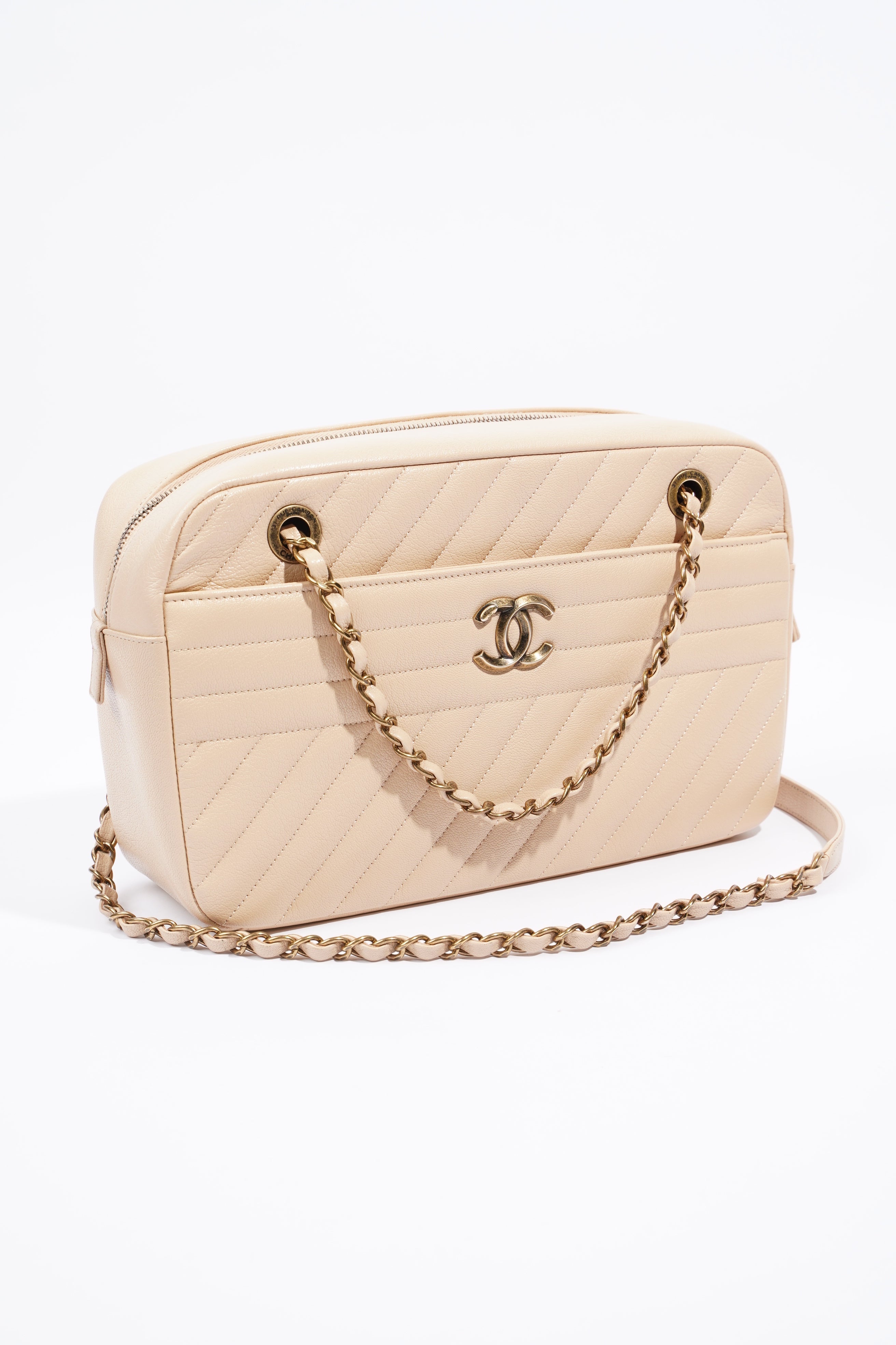 Chanel Quilted Camera Beige Goatskin Leather
