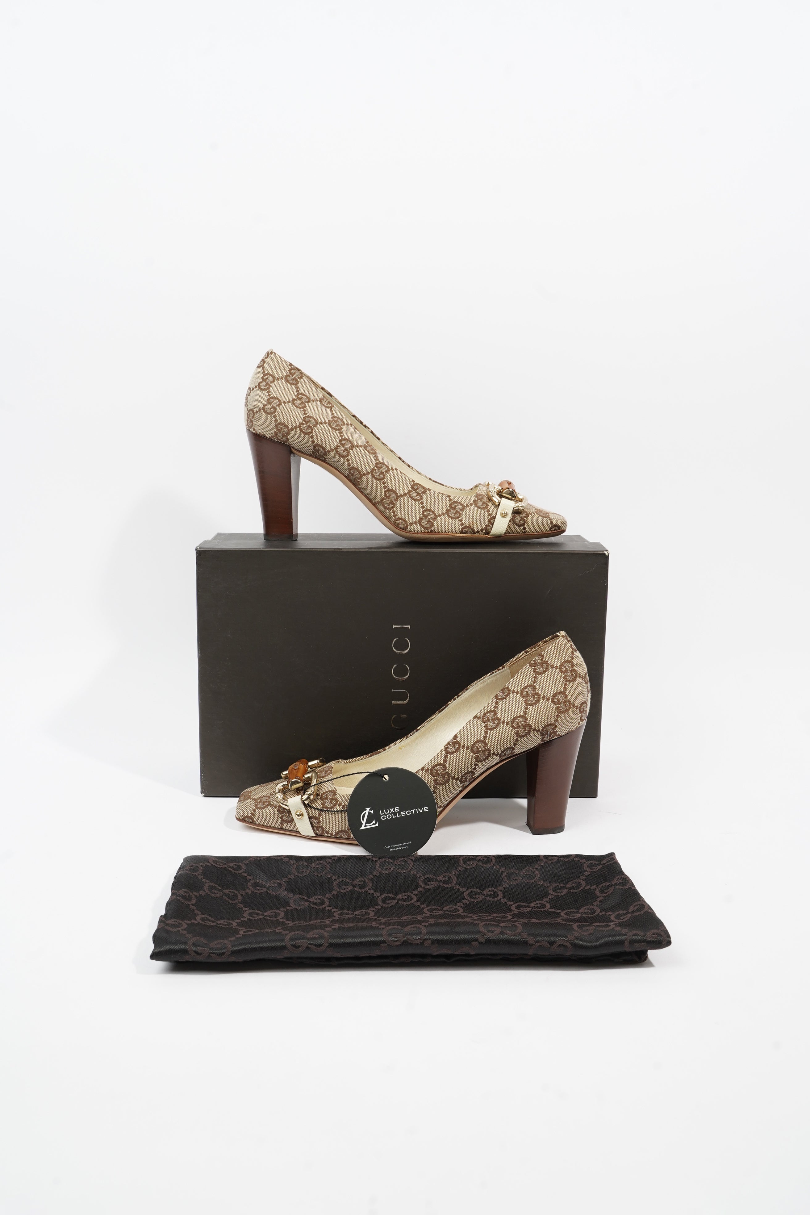 Gucci Bamboo Horsebit Pump 85 Supreme Canvas EU 37.5 UK 4.5