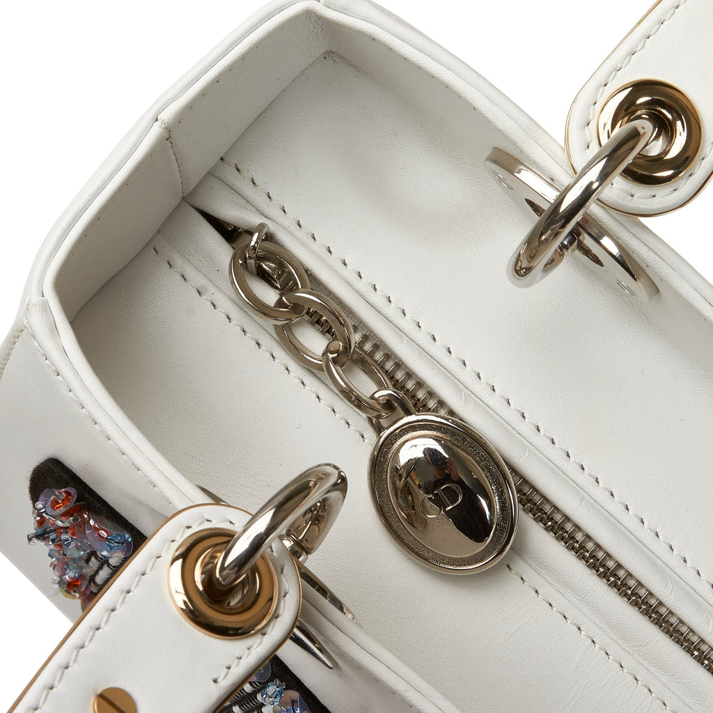 Dior Lady Dior Medium White Patch Embellished Leather Silver