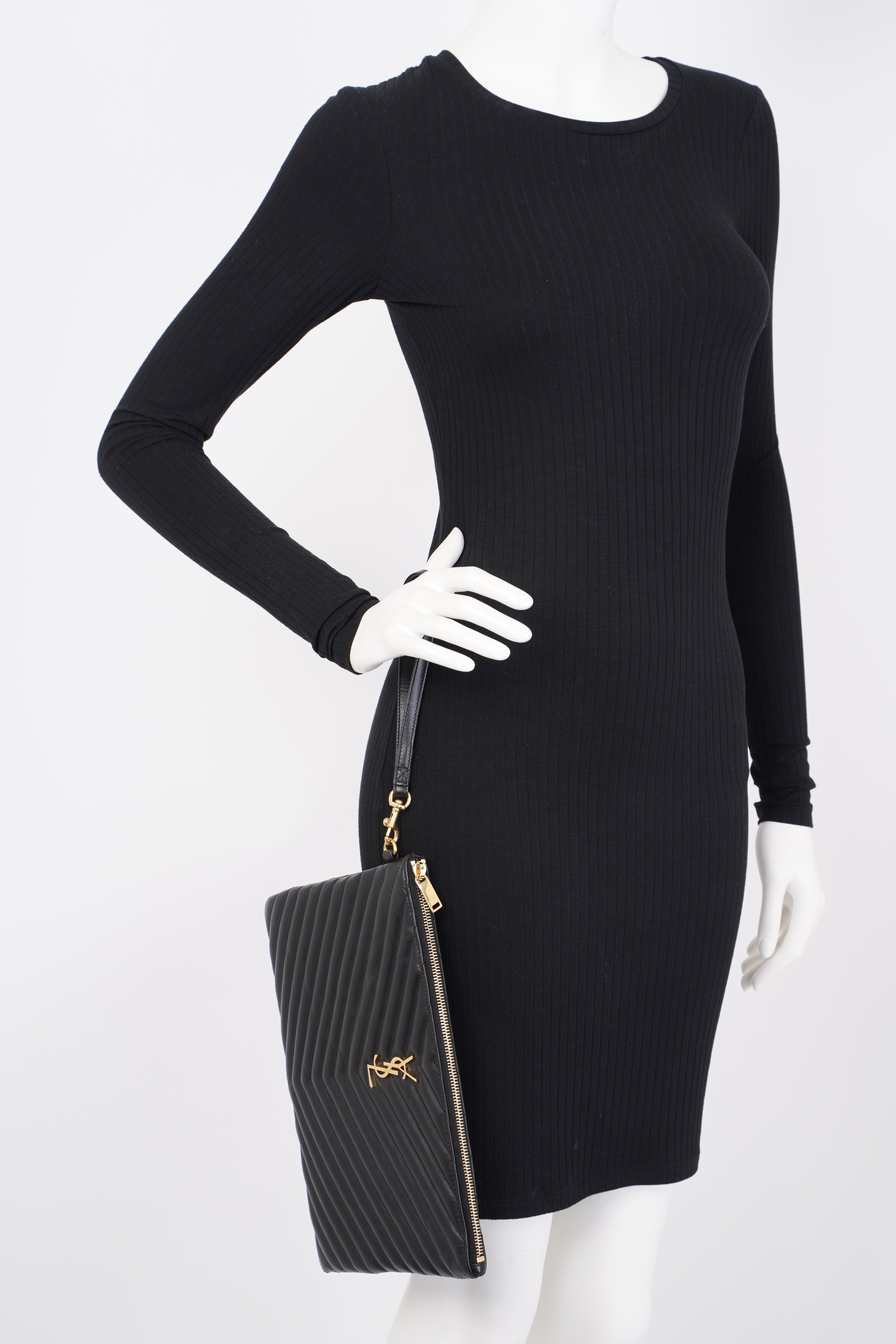 Saint Laurent Wristlet Pouch Black Matelasse Leather
