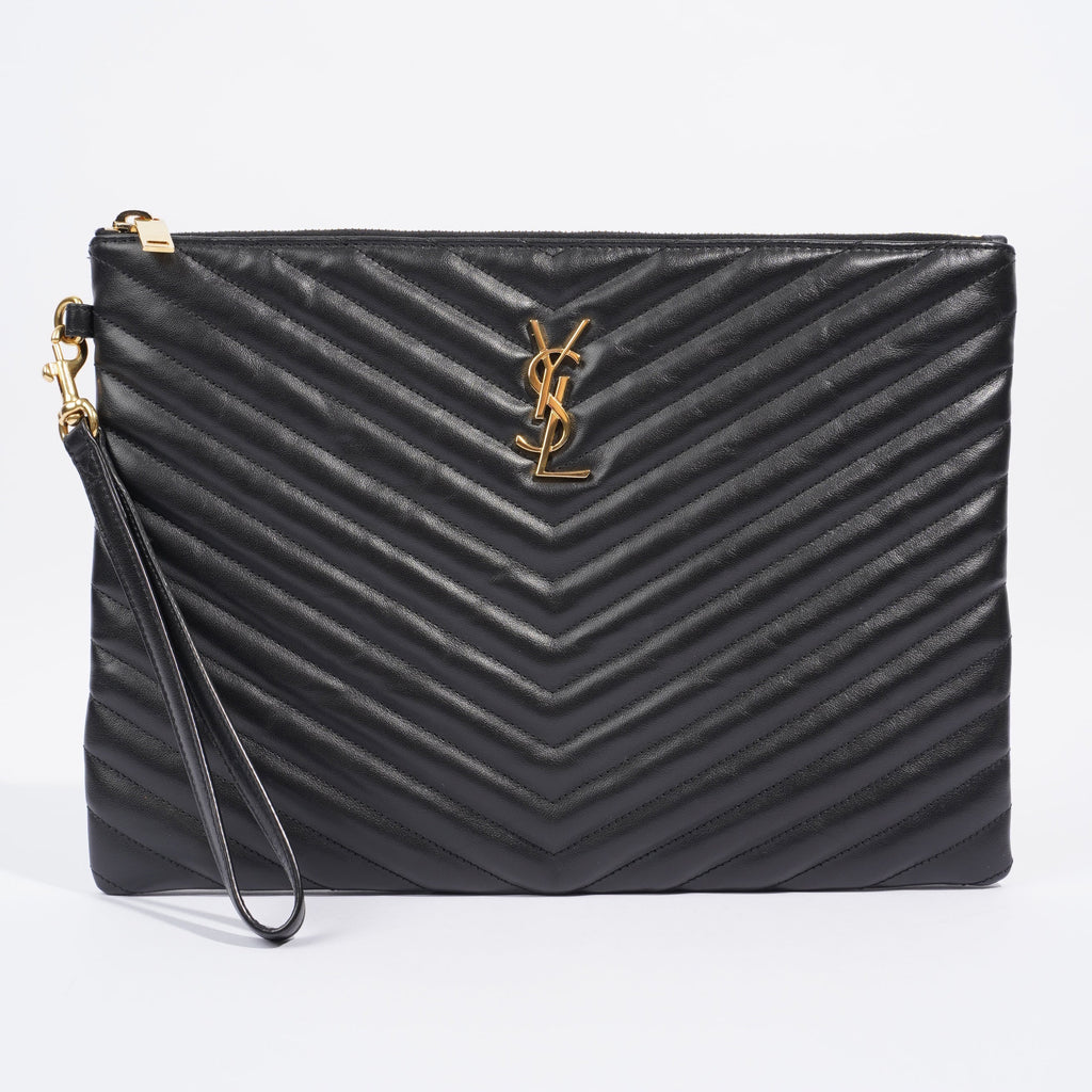 Saint Laurent Wristlet Pouch Black Matelasse Leather