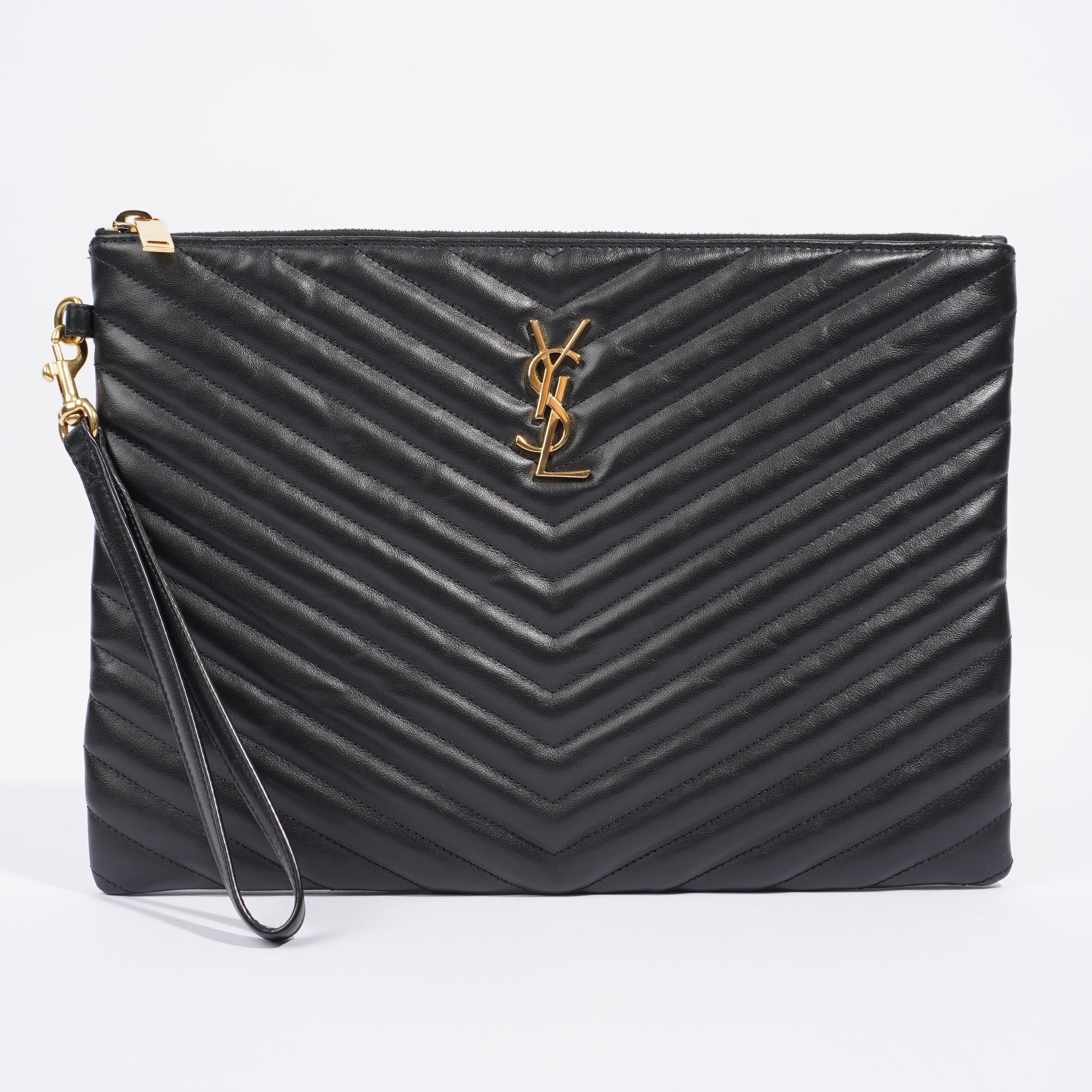 Saint Laurent Wristlet Pouch Black Matelasse Leather